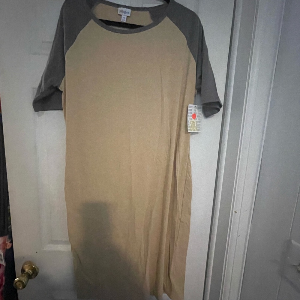 LuLaRoe Tan and Gray Raglan Midi Dress